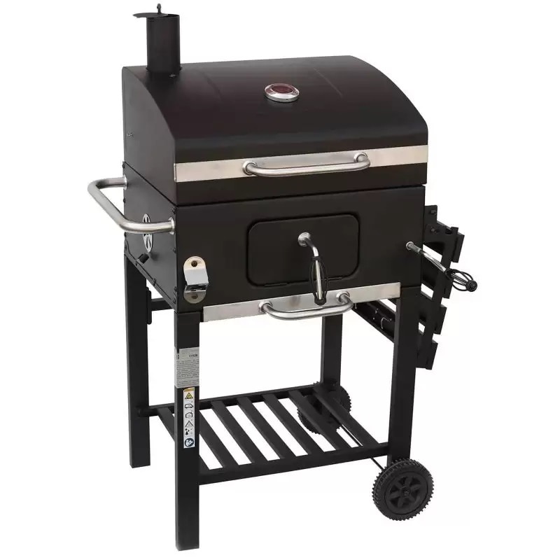 Gratar carbune Grillchef Konfort, cu termometru, sistem de ventilatie, raft lateral pliabil, suprafata de gatit din fonta 53 x 42 cm, 100x115x71 cm, husa inclusa