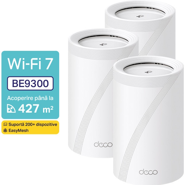 Sistem Mesh Wi-Fi TP-Link Deco BE65(3-pack), BE9300, Tri-Band, Wi-Fi 7, MLO, HomeShield, 4 porturi 2.5G, cu acoperire pentru intreaga casa