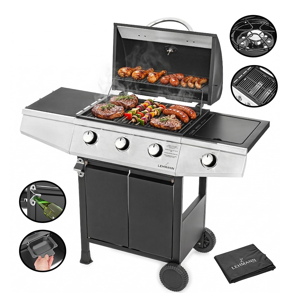 Gratar pe gaz cu 3+1 arzatoare, Lehmann Texas, termometru incorporat, suprafata de gratar 33x52cm, husa gratar, furtun si regulator incluse, 120x50x102cm, fonta, negru