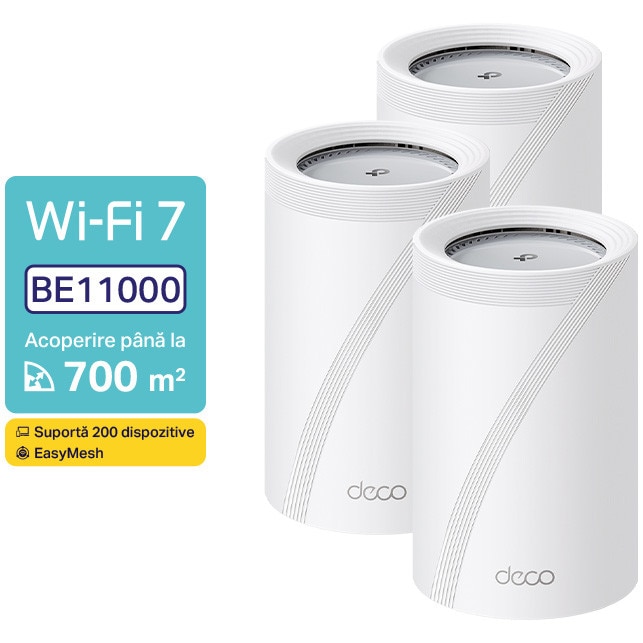 Sistem Mesh Wi-Fi TP-Link Deco BE65 Pro(3-pack), BE9300, Tri-Band, Wi-Fi 7, MLO, HomeShield, 2 porturi 5Gbps si 1 port 2.5Gbps, cu acoperire pentru intreaga casa