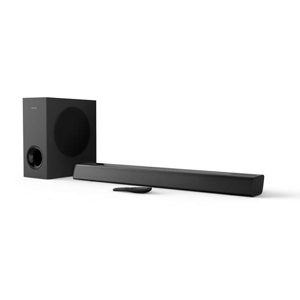 Soundbar profesional Philips cu Asistent Google, Conectivitate Bluetooth, Subwoofer wireless 2.1 CH, Dolby Digital, 15 W x 4 plus 60 W, Telecomanda, Negru