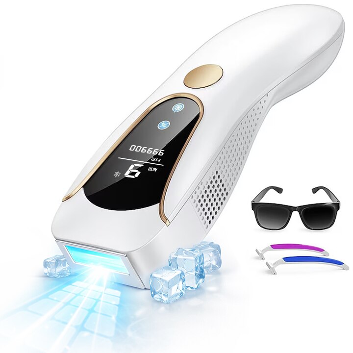 Epilator IPL Xenomo® SHINE PRO, Pentru epilare definitiva fara durere, Tehnologie IPL, Functie racire, 9 Trepte de intensitate, 999.999 impulsuri, 3 Moduri de utilizare, Pentru femei si barbati, fata, corp, axila, inghinal, Senzor piele, Alb