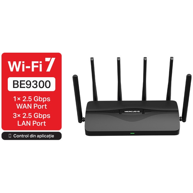Router Wireless Mercusys MR47BE, BE9300, Tri-Band, Wi-Fi 7, MLO, 4 porturi 2.5Gbps, compatibil EasyMesh
