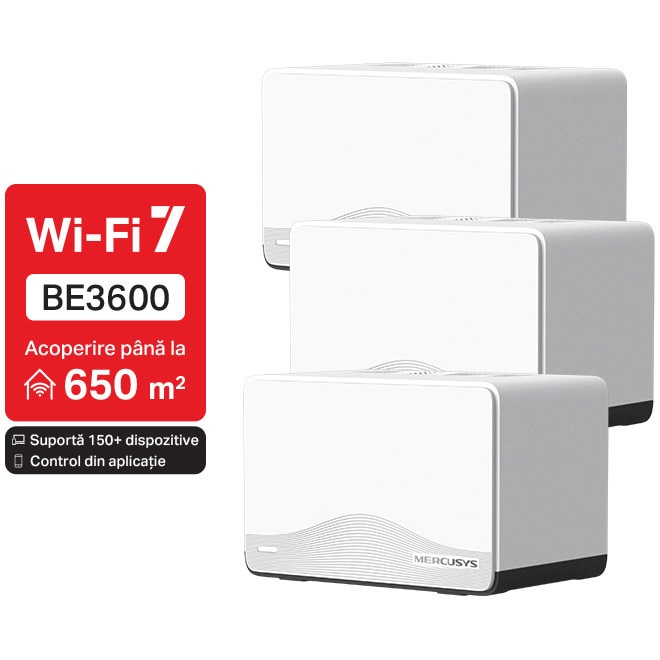 Sistem Mesh Wi-Fi Mercusys Halo H27BE(3-pack), BE3600, Dual-Band, Wi-Fi 7, MLO, 1 x 2.5 Gbps port + 2 x 1 Gbps port, cu acoperire completa pentru casa