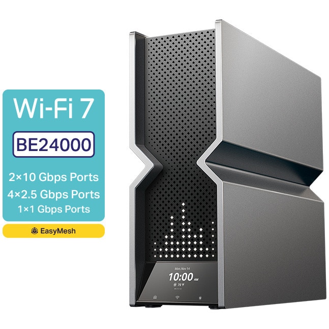 Router Wireless TP-Link Archer BE900, BE24000, Quad-Band, Wi-Fi 7, MLO, 1 port 10G, 1 port SFP+ 10G, 4 porturi 2.5G, 2 porturi USB, Easy Mesh, HomeShield, Touchscreen and LED Screen