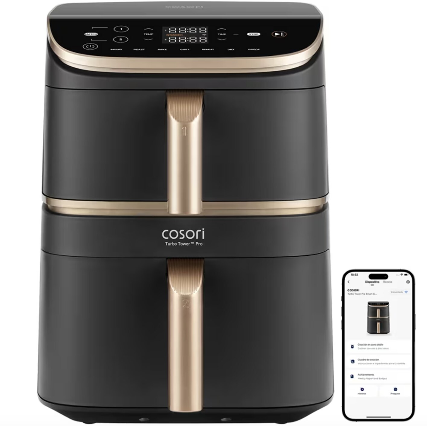 Friteuza cu Aer Cald Cosori Turbo Tower Pro Smart, 2630 W, 6.5 l si 4.3 l, temperatura 30° - 230°C, 7 programe presetate, cosuri cu invelis ceramic, Negru
