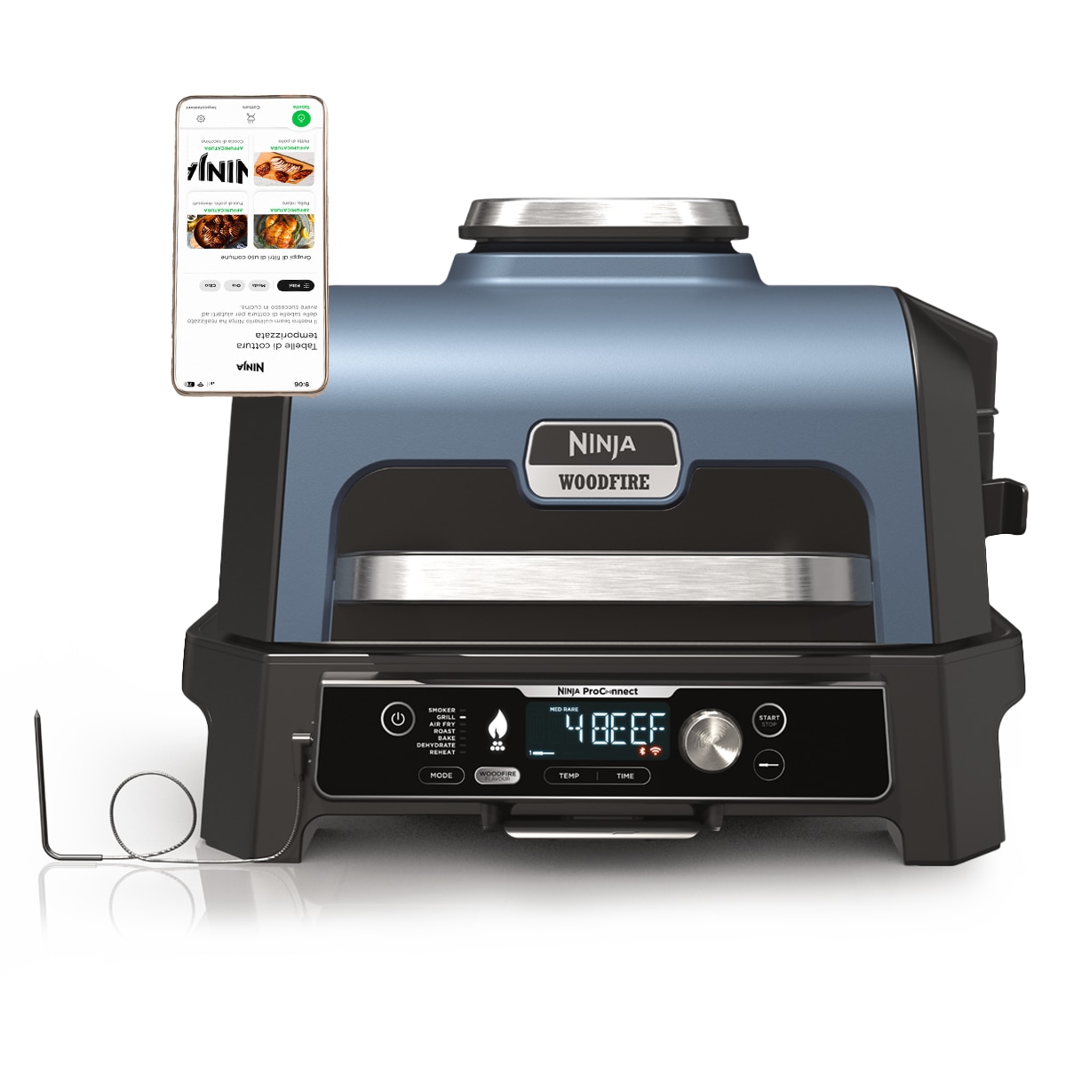 Gratar electric cu functie de afumare Ninja Woodfire Pro Connect XL BBQ Grill OG901, 1700W, 7 programe, placa cu invelis ceramic tip grill 45 x 29 cm, interval de temperatura 40-260°C, albastru