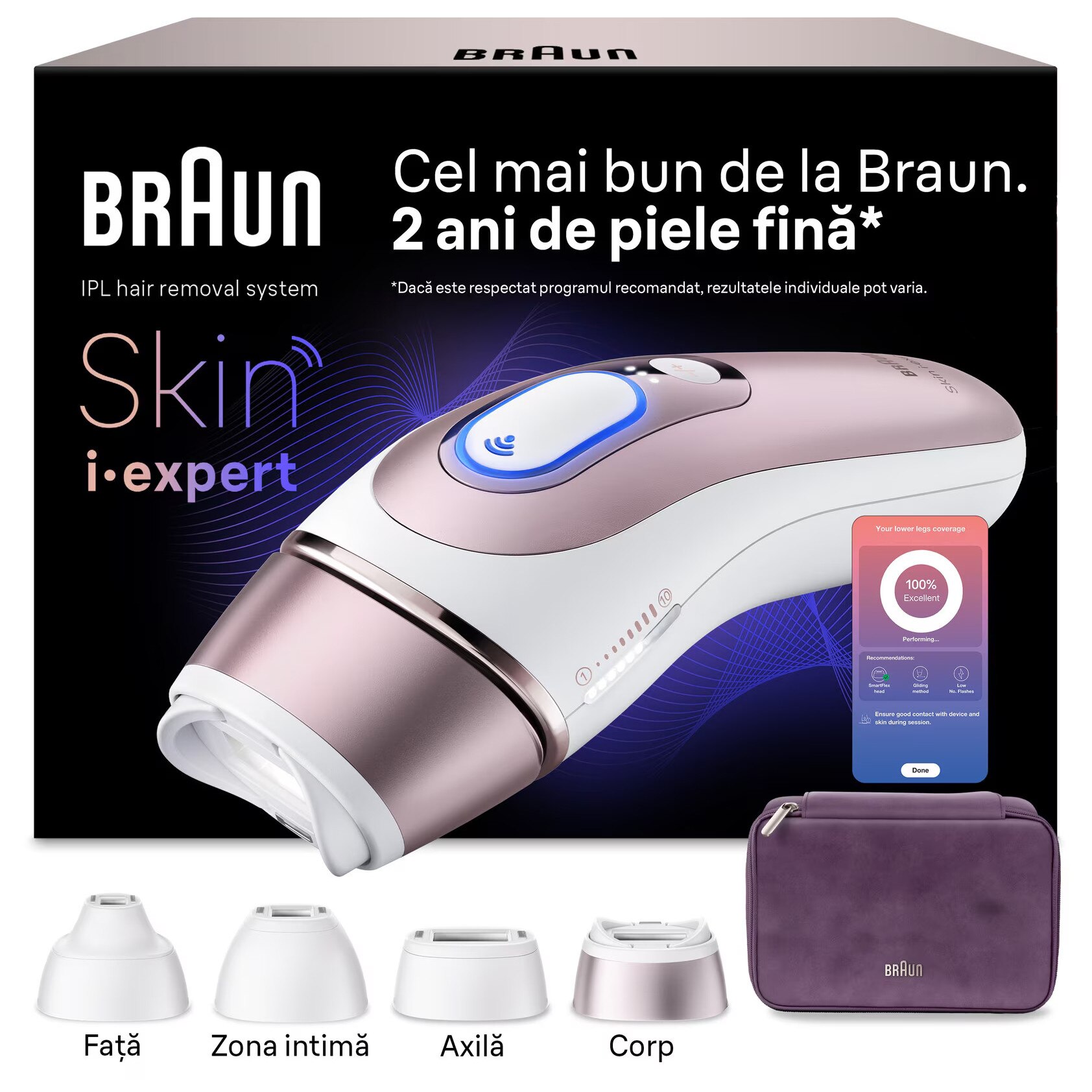 Epilator IPL Braun Skin iExpert PRO 7 PL7431 Tehnologie Skin iExpert, Feedback in timp real, 400.000 impulsuri, 10 niveluri de intensitate, 125 de impulsuri pe minut , 4 Capete Inteligente, Trusa de voiaj, Roz
