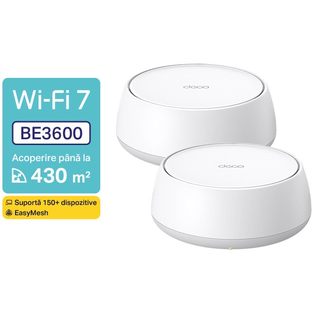 Sistem Wi-Fi Mesh TP-Link Deco BE25(2-pack), BE3600, Wi-Fi 7, Dual-Band, porturi : 2 x 2.5 Gbps, compatibil Alexa si Google Assistant, HomeShield - control parental