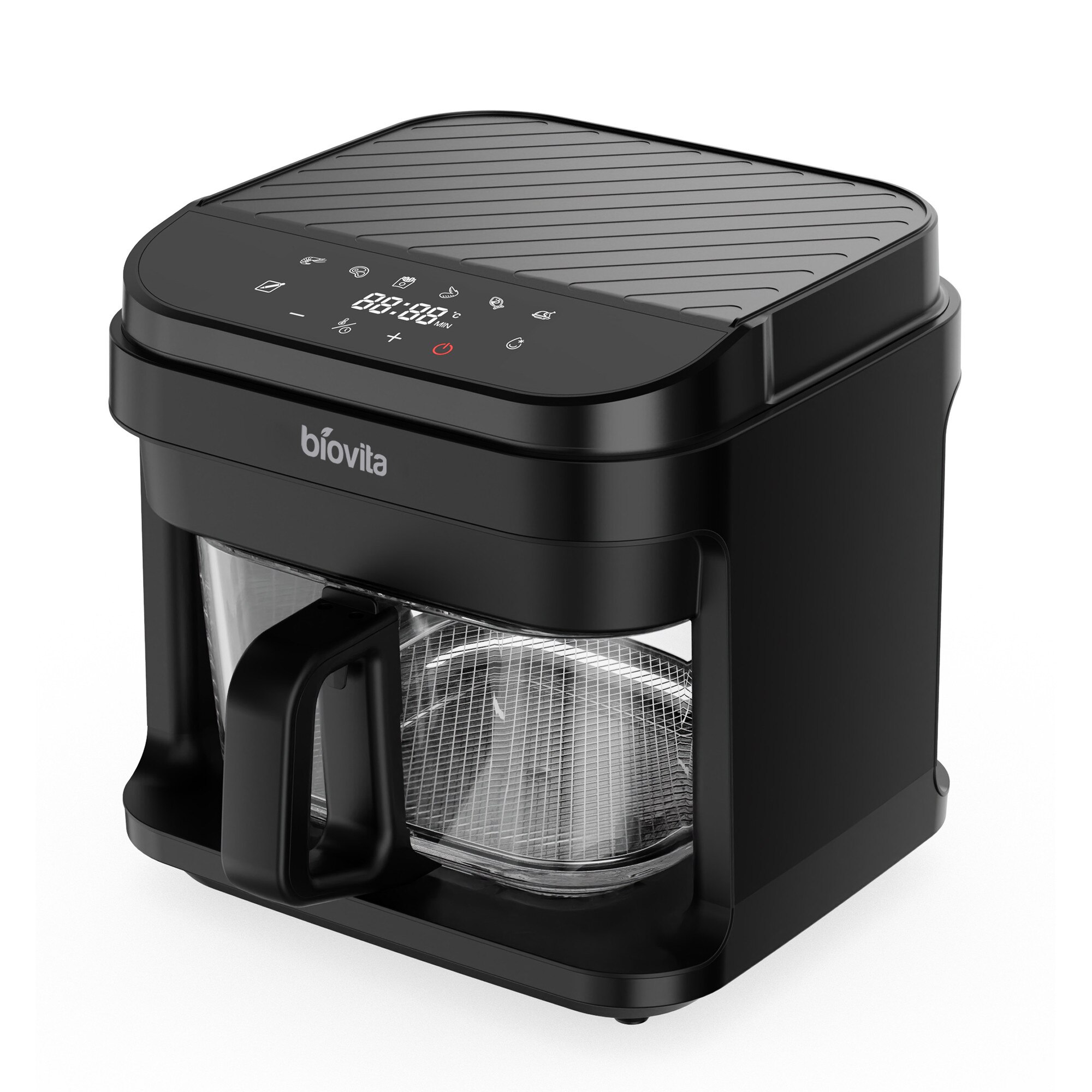 Friteuza cu Aer Cald / Air Fryer, Biovita PRESTIGE, Cos din Sticla, 5.5L Capacitate, Hartii de Copt Incluse, 1200W, 6 Programe