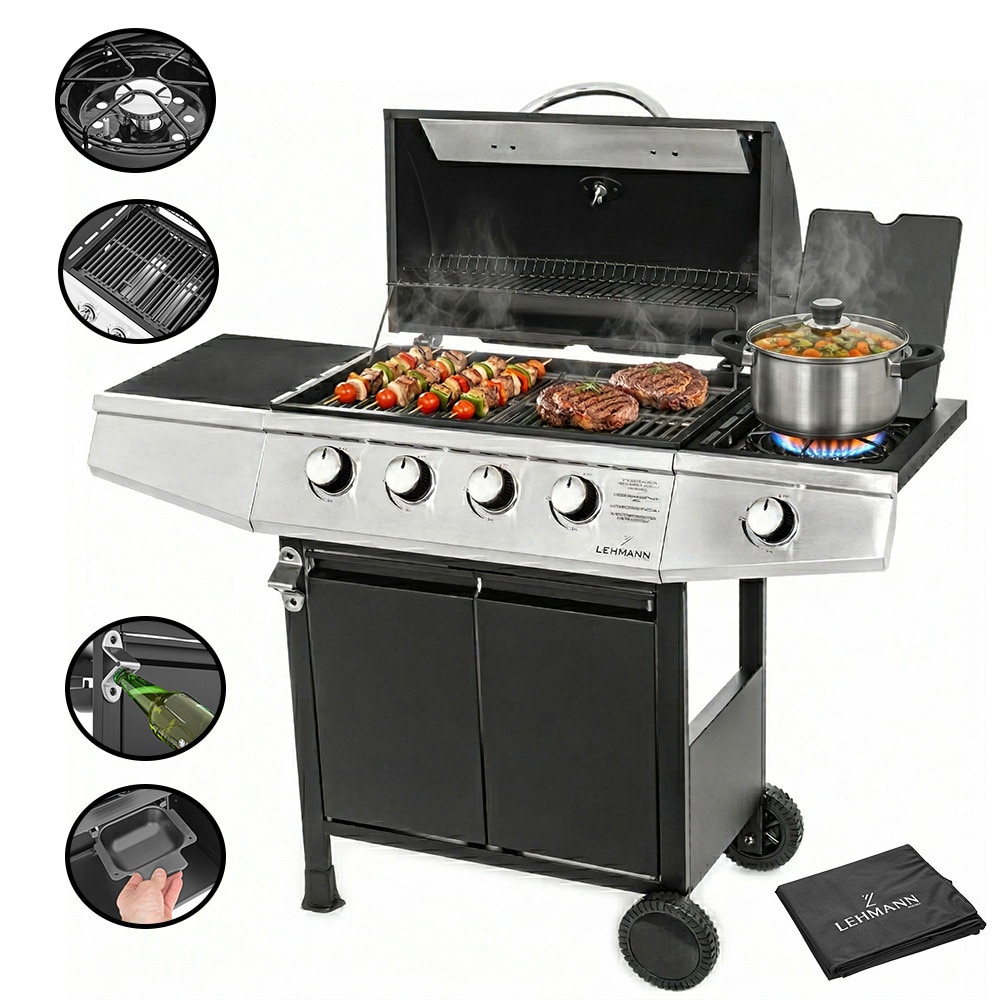 Gratar pe gaz cu 4+1 arzatoare, Lehmann Ohio, termometru incorporat, suprafata de gratar 33x66cm, husa gratar, furtun si regulator incluse, 128x50x102cm, fonta, negru
