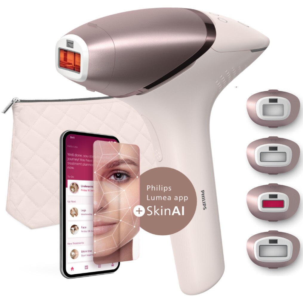 Epilator IPL Philips Lumea Seria 9900 BRI977/00, Senzor Smartskin, tehnologie SenseIQ, conectare la aplicatie cu functii Skin AI, utilizare cu sau fara fir, 450.000 impusuri, accesoriu fata, corp, axila si inghinal, Roz pudra
