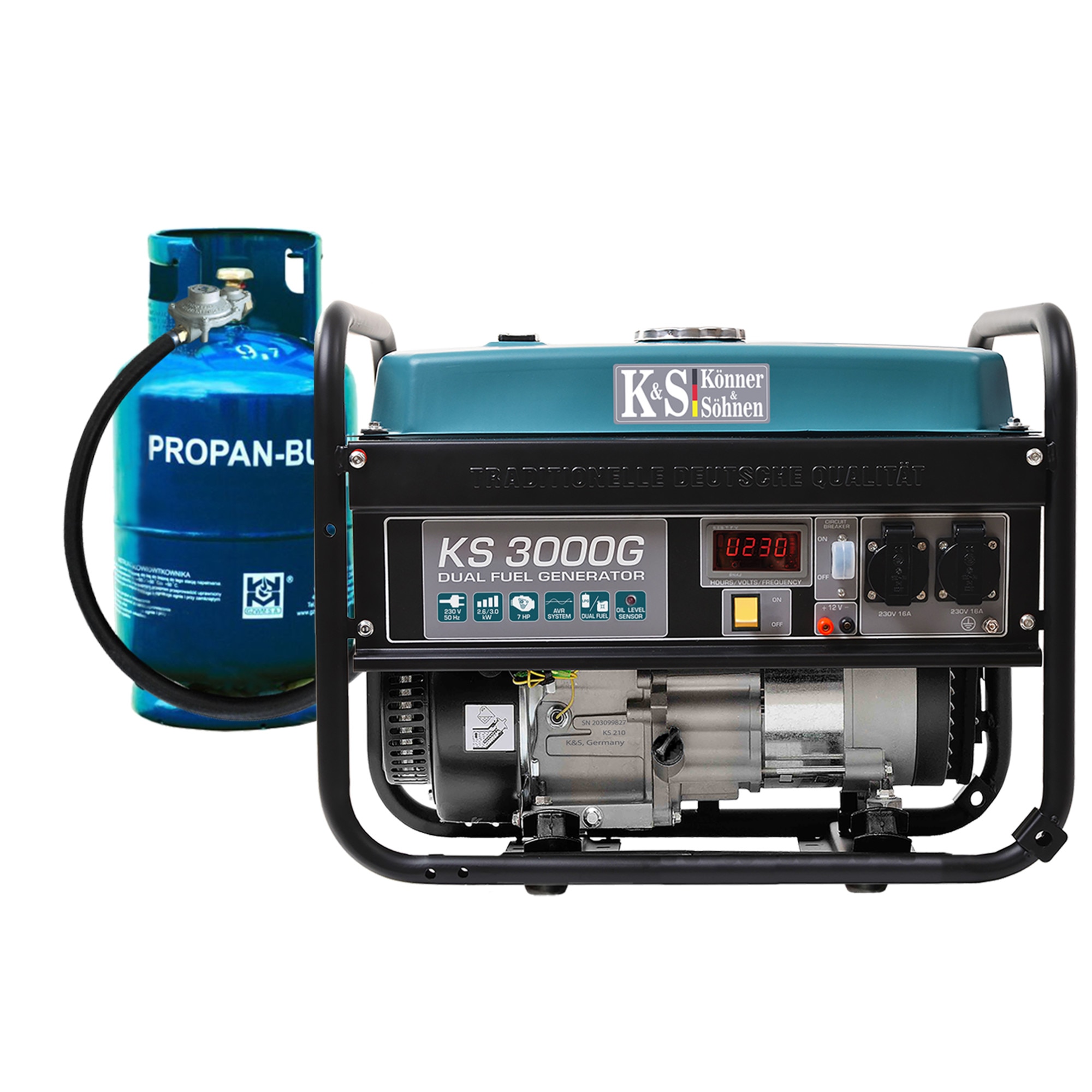 Generator curent Könner & Söhnen KS 3000G, 3.0 kW, GPL /benzina, autonomie 15h, regulator tensiune AVR, Easy Start, protectie nivel scazut ulei, protectie suprasarcina, LED-display, prize 2x16A/230V; 1x12V DC, bobinaj 100% cupru