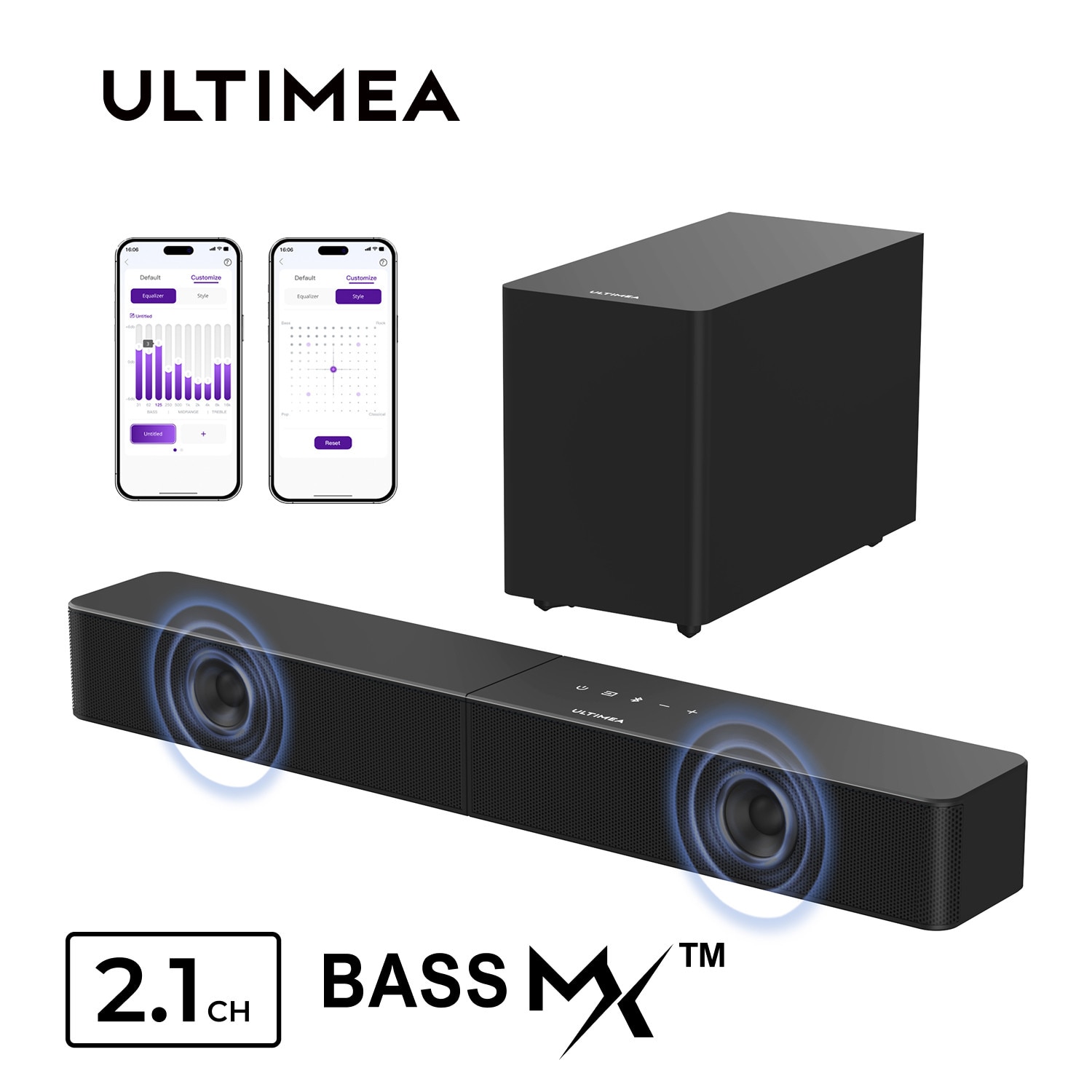 Soundbar ULTIMEA Poseidon 2.1ch - Bara de sunet cu subwoofer wireless, BassMX, HDMI ARC, Bluetooth® 6.0, 240W, Negru