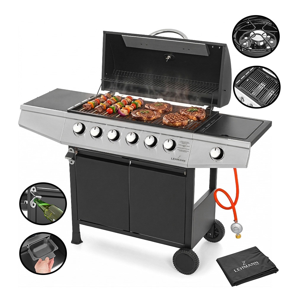 Gratar pe gaz cu 6+1 arzatoare, Lehmann Vegas, termometru incorporat, suprafata de gratar 33x72cm, husa gratar, furtun si regulator incluse, 141x50x102cm, fonta, negru
